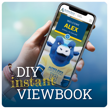 Link to create your own custom viewbook instantly. DIY instant Viewbook. Image of hand holding phone with ox mascot.