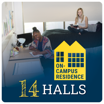 Link to housing page. 14 on-campus residence halls. Image of two students in dorm room.