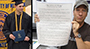 Aaron Aumick left at Alfred State commencement and on the right Mike Rowe holding the S.W.E.A.T. Pledge