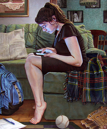 painting of a girl on a couch reading her iPad