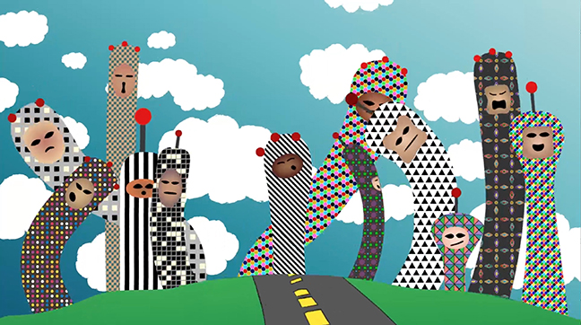 example of digital media, blue sky, road, and figures with faces