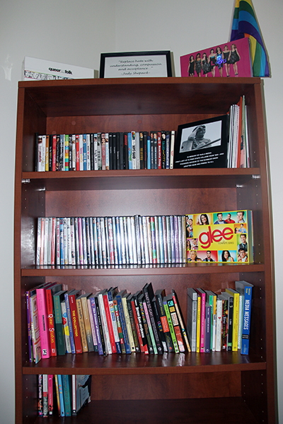 book shelf filled with dvd and books referenced in text on this page