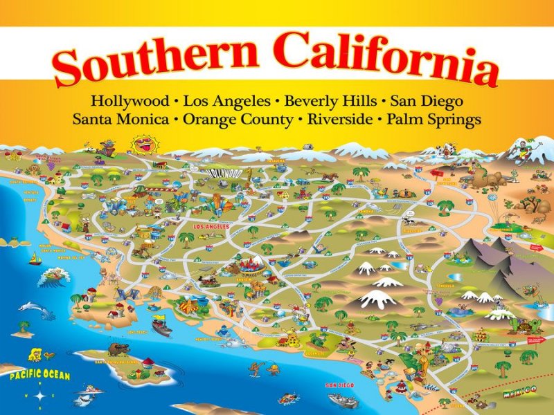 cartoon map Southern California, names of cities