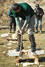 Pioneer Woodsmen’s Club member Gavin Maloney, a masonry major from Rome, NY, performs an underhand chop