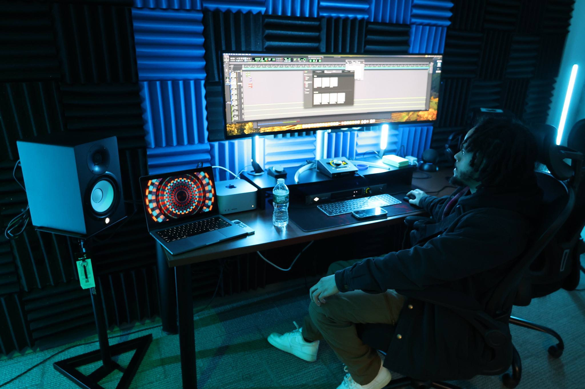 A student uses the new equipment in the Recording Studio