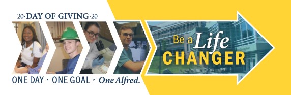 One day. One goal. One Alfred. Day of Giving. Smiling student images. Be a life changer.