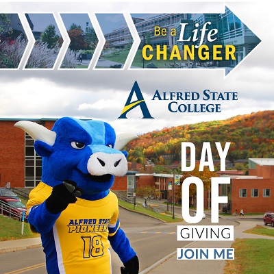 Be a Life Changer. Alfred State College. Day of Giving. Join Me. Big Blue the Ox