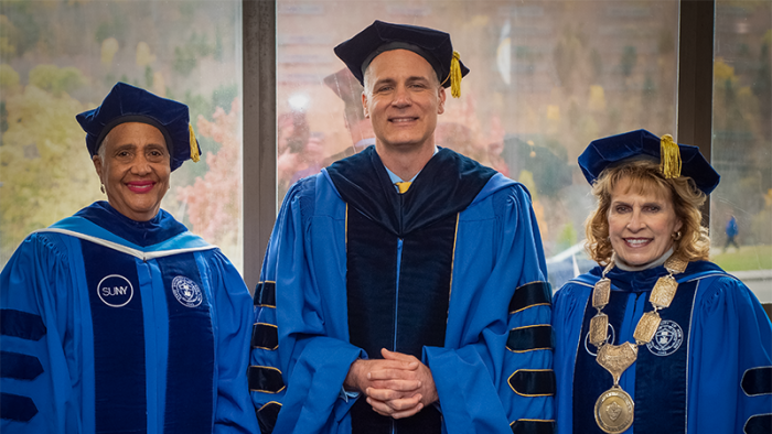 SUNY Board of Trustee Eunice A. Lewin and SUNY Interim Chancellor Deborah F. Stanley with Dr. Steven Mauro, the thirteenth president of the college.