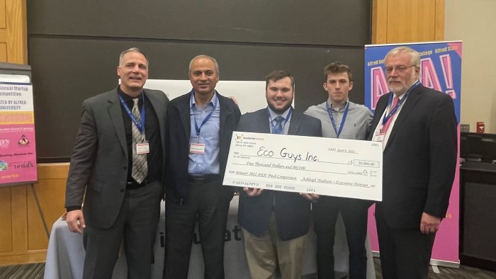 Eco Guys, Inc. celebrated victory in the Allegany County Startup Collegiate Competition (L to R) President Dr. Steven Mauro, Professor Reza Rashidi, mechanical engineering technology students Zackary Martin and David Benson, and Interim Provost Dr. Craig Clark.