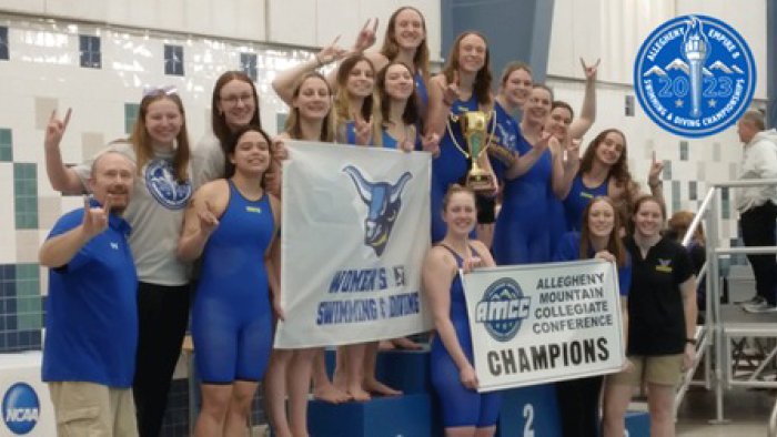 The Alfred State women's swimming and diving team pose on the championship stand after winning the AMCC Championship