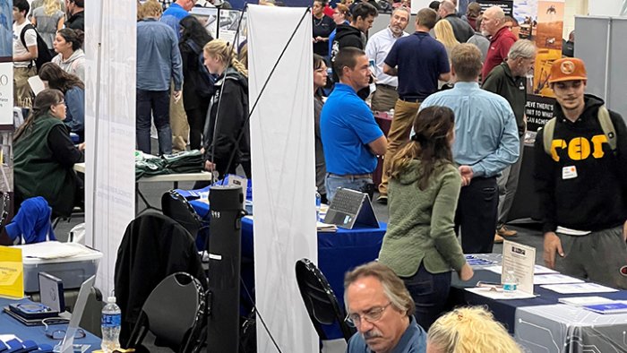 An overhead look of the Fall 2022 Alfred State career fair held in the Orvis Gymnasium.