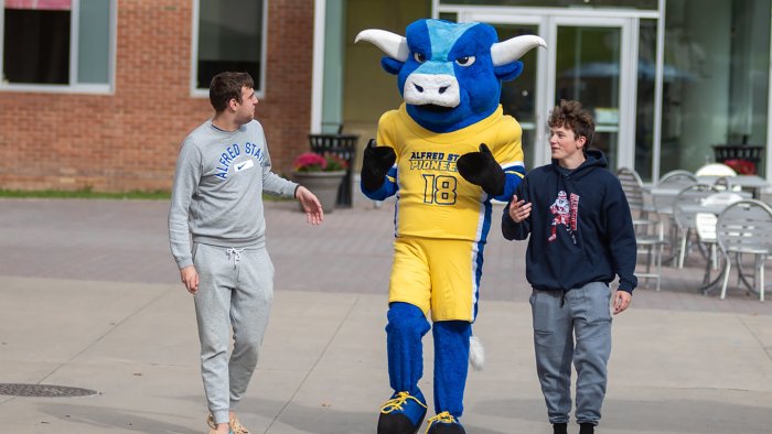 Big Blue walks to class with a pair of Alfred State College students. 