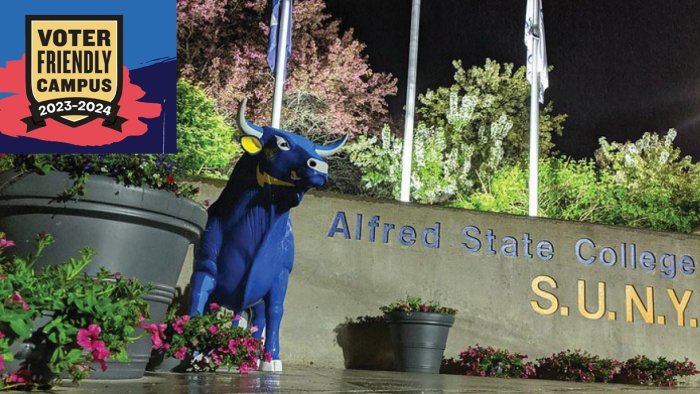 Front entrance of Alfred State College at night