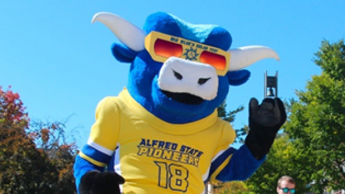 Big Blue shows off his protective glasses for the solar eclipse.