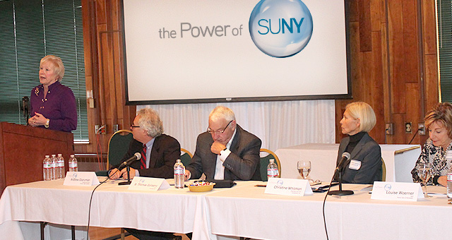 Panelists (l-r) Glanzman, Golisano, Whitman, and Woerner, listen to Chancellor Zimpher.