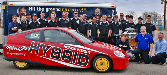 Green Grand Prix car with students and faculty