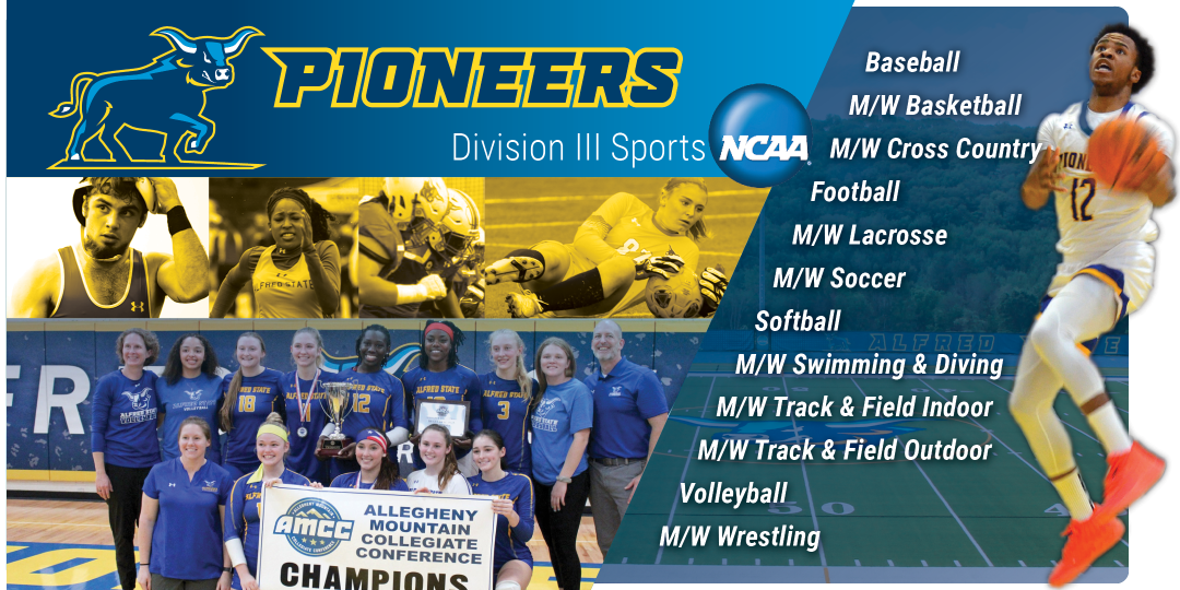 Link to Alfred State Pioneer Athletics page. Pioneers logo, NCAA D-III Sports. Image of basketball player jumping.