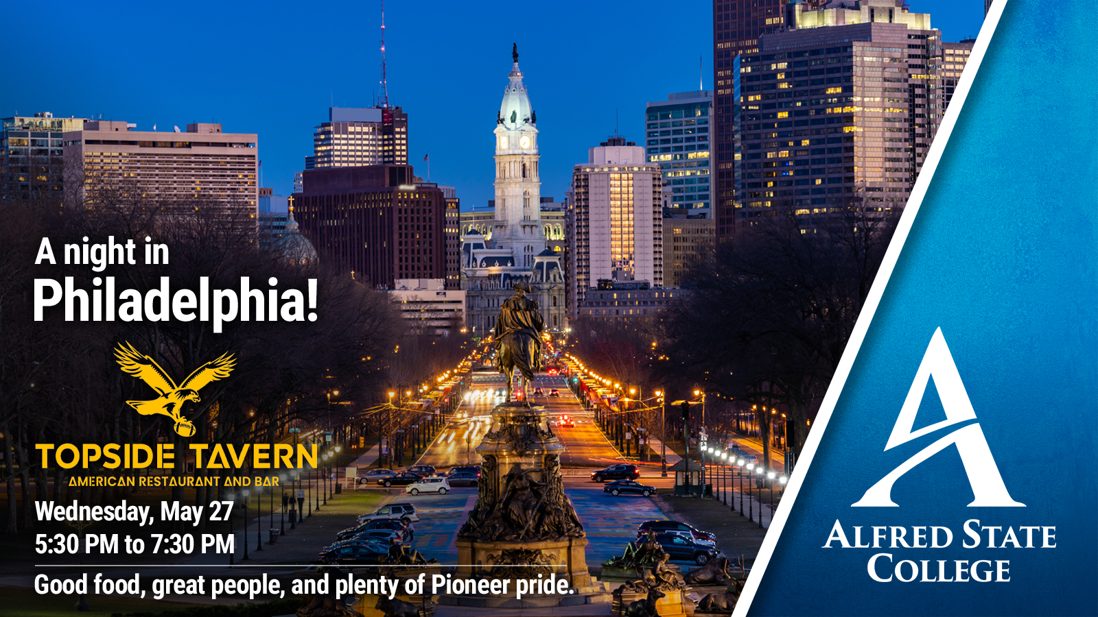 Graphic advertising the Topside Alumni event for Philadelphia, PA on May 27 from 5:30 PM - 7:30 PM.