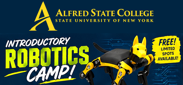 Robotics Camp Graphic showing a PETOI robot dog on a blue background with text describing the camp.