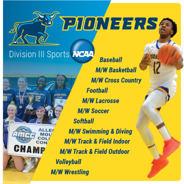 Link to Alfred State Pioneer Athletics page. Pioneers logo, NCAA D-III Sports. Image of basketball player jumping.