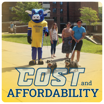 Link to tuition and costs page. Cost and Affordability, Image of mascot Big Blue the ox and students.