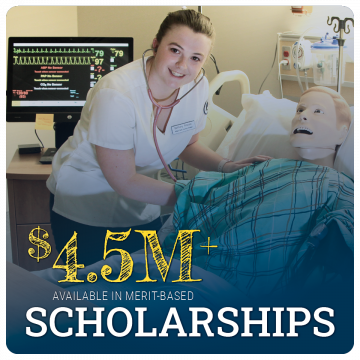 Link to scholarships page. $4.5M+available in merit-based scholarships. Image of nursing student in lab with mannequin.