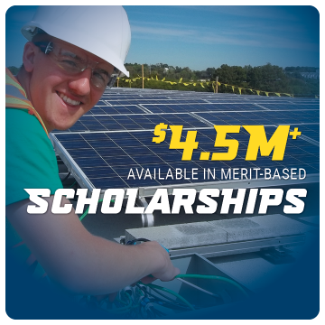 Link to scholarships page. $4.5M+available in merit-based scholarships. Image of electrical trades student working with wires and solar panels on a roof top.