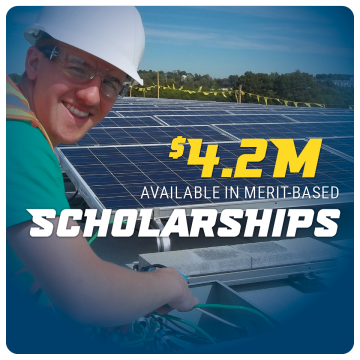 Link to scholarships page. $4.2M available in merit-based scholarships. Image of electrical trades student working with wires and solar panels on a roof top.
