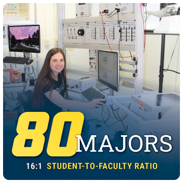 Link to majors page. 80 Majors 16:1 Student-to-Faculty Ratio. Image of student in engineering lab with circuit panel and computers.