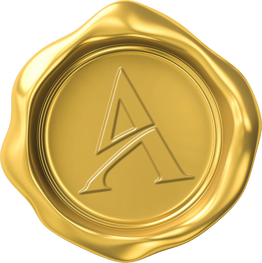 Graphic of a gold wax seal with the letter A