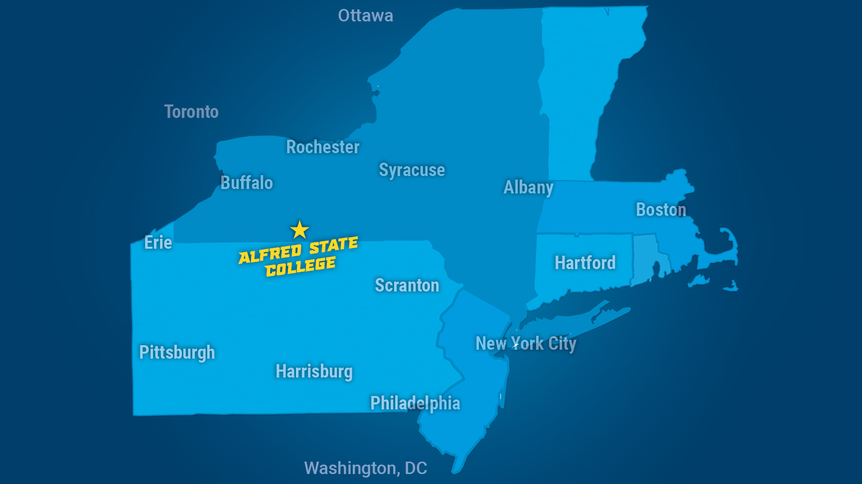 Map of the northastern USA showing where Alfred State College is.