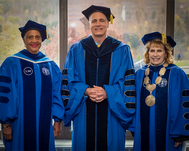 SUNY Board of Trustee Eunice A. Lewin and SUNY Interim Chancellor Deborah F. Stanley with Dr. Steven Mauro, the thirteenth president of the college.