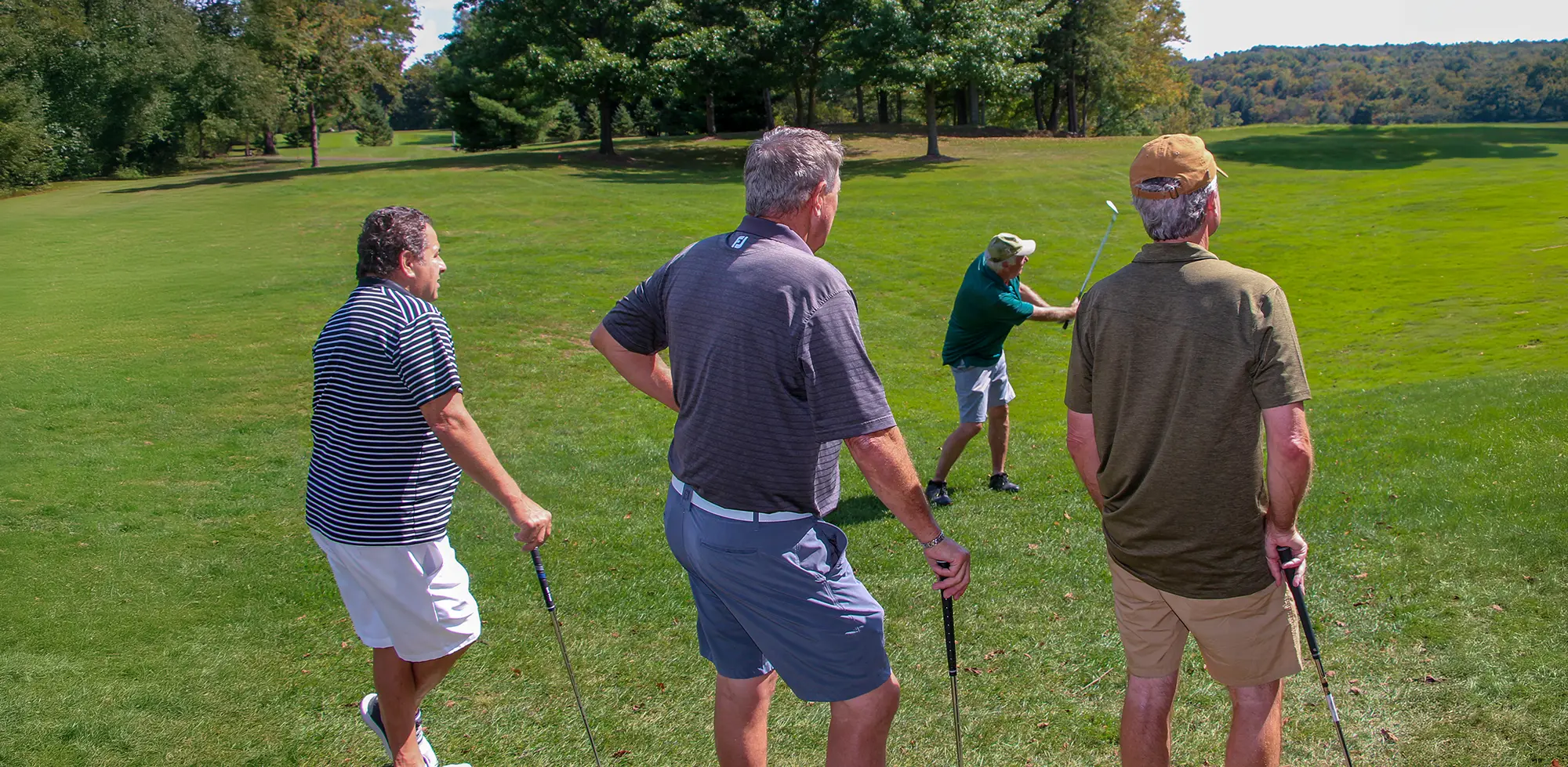 Four golfers stand on a lush green golf course, observing as one golfer swings a club towards the fairway. The scene features sunny weather, vibrant green grass, and a backdrop of trees and rolling hills.