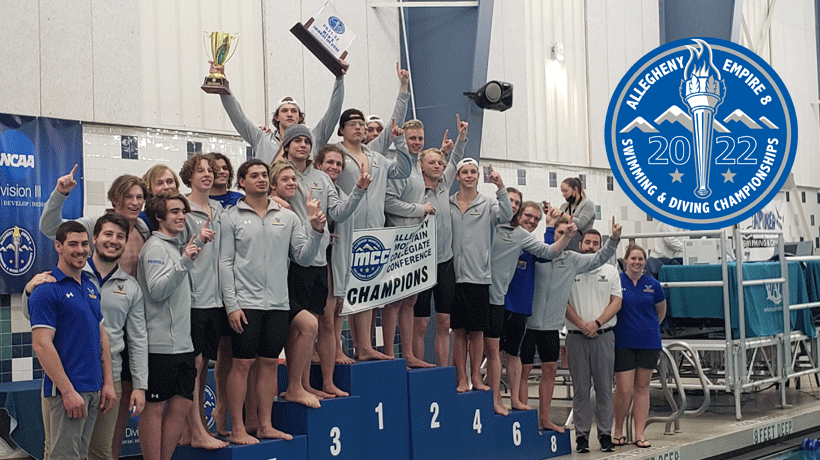 The Alfred State men’s swimming & diving team on the award stand