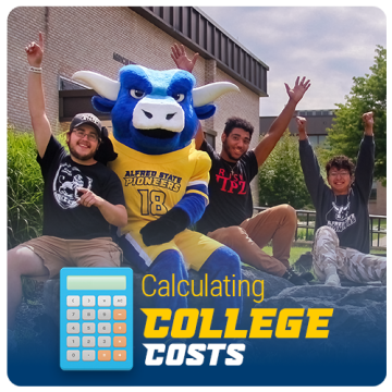Link to Calculating College Costs. Graphic of calculator over image of student in front of AG Building.