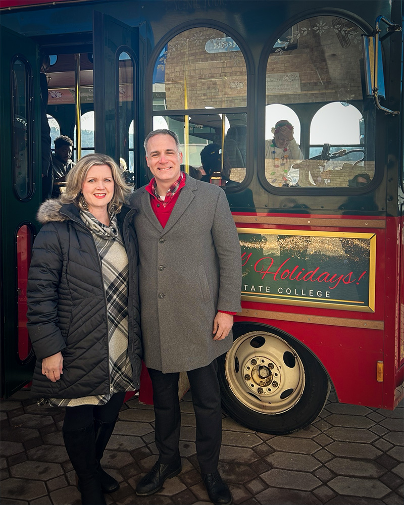 Photo of Melissa and Steve Mauro before taking their first ride on the trolley.