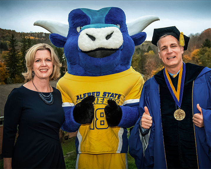 First Lady Melissa Mauro, Big Blue and Dr. Steven Mauro all smiles after the inauguration