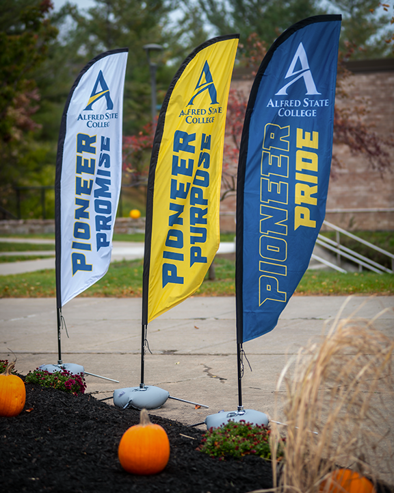 Pioneer Pride, Purpose, and Promise flags on display along the Pioneer Walk route