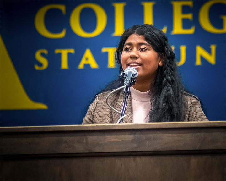 Alfred State student Soumya Konar speaks at inauguration