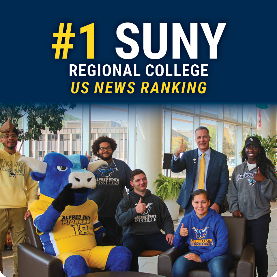 US News, #1 SUNY Regional College, students with mascot giving thumbs up