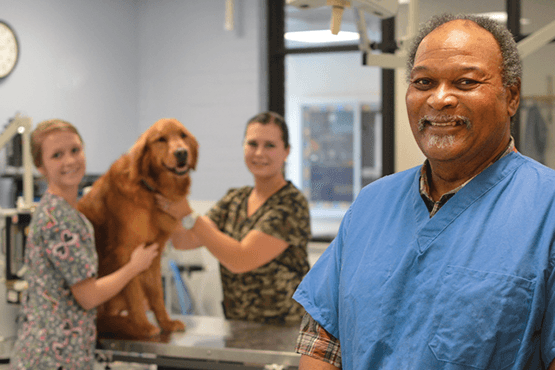Dr. Mel Chambliss with 2 students and a dog in a lab