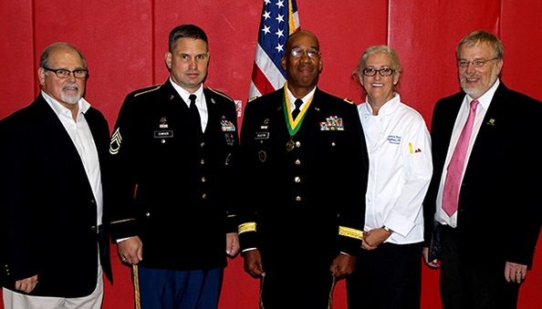 President Dr. Skip Sullivan, US Army Sgt. 1st Class Darrin Cowher, retired US Brig. Gen. Arthur Austin Jr., Culinary Arts Associate Professor Debra Burch, and Executive Director and Dean of the School of Applied Technology Dr. Craig Clark