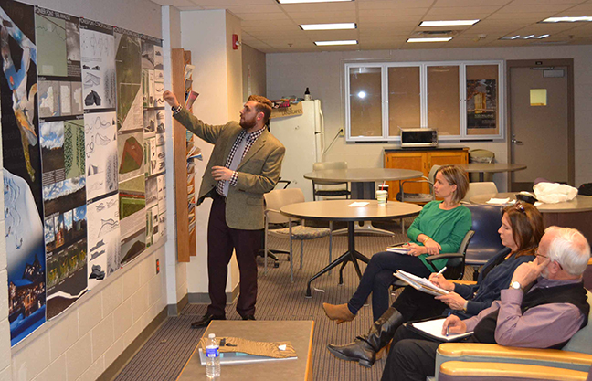 student Nicholas Galatioto of Garwood, NJ, presenting his fifth-year thesis proposal