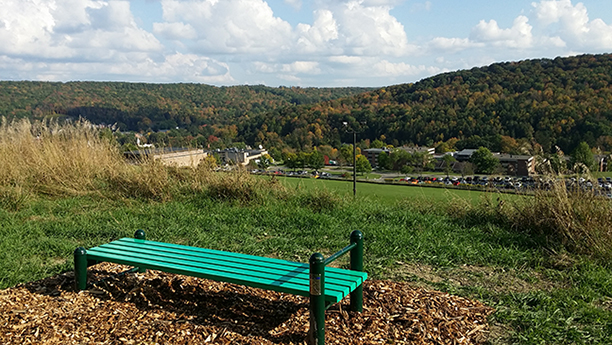 Pictured is the sit-up bar/bench fitness station located along Alfred State’s Pioneer Trail system on campus.
