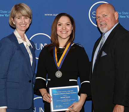 SUNY Chancellor Kristina M. Johnson, left, Hannah Vuozzo, middle, President Dr. Skip Sullivan, right