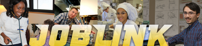 joblink banner, several students wearing career uniforms