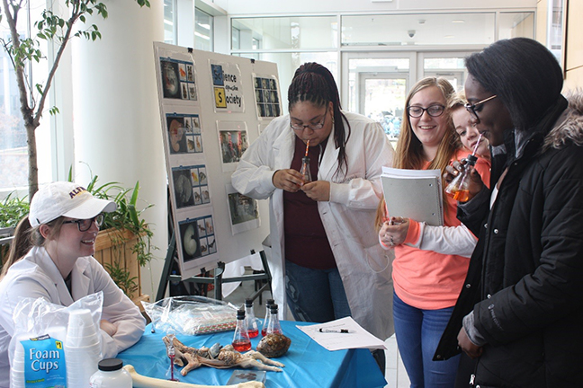 females at an exhibit with glasses and straws