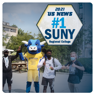 US News, #1 SUNY Regional College, students with mascot giving thumbs up