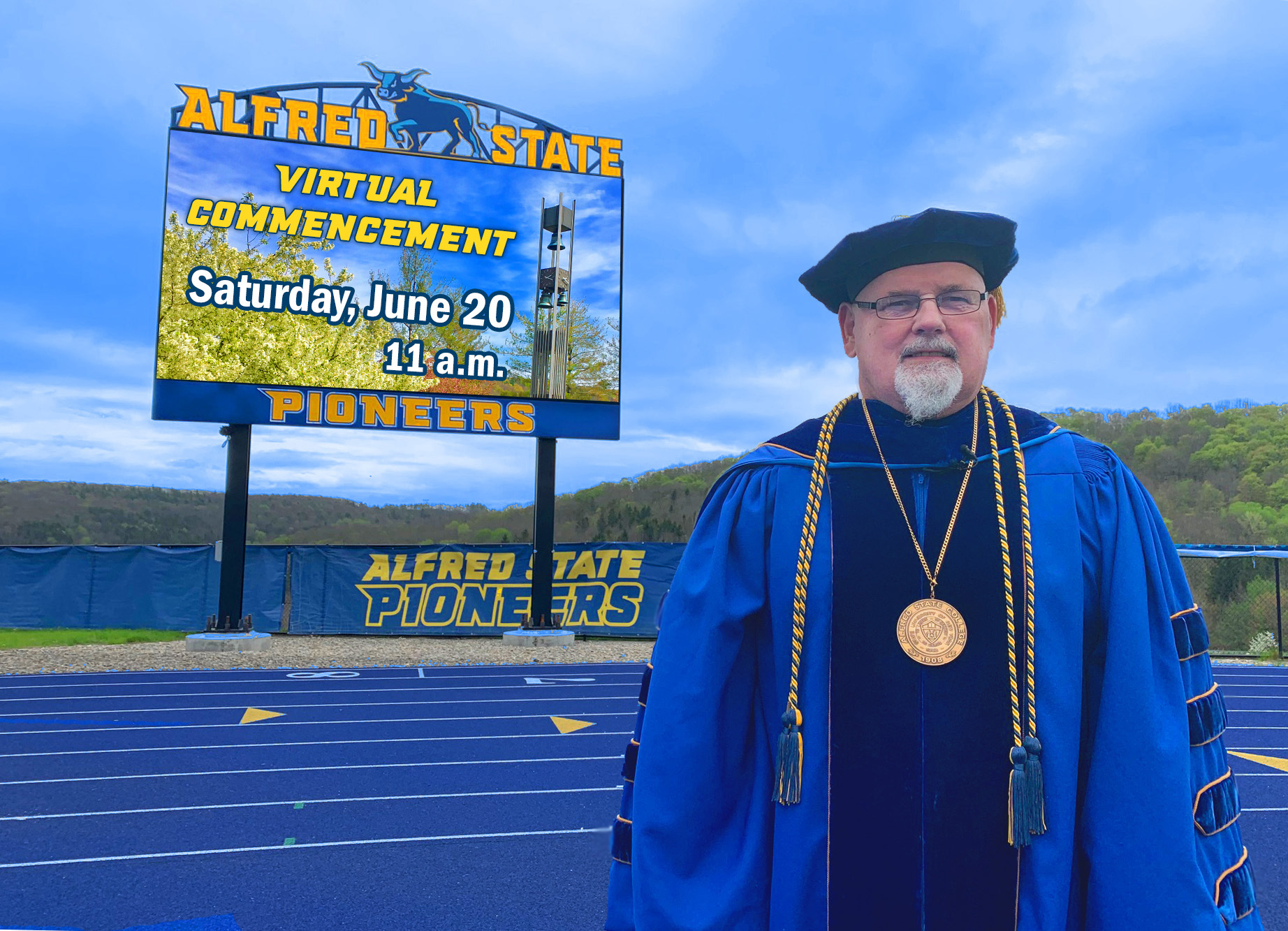 President Sullivan in graduation attire at Pioneer Stadium