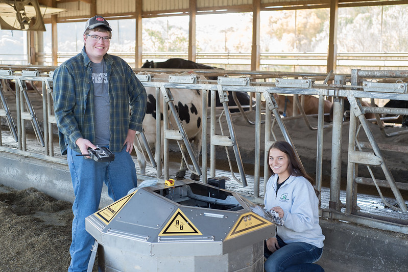 Two students work at the college farm.